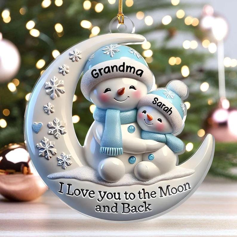 Personalized Grandma & Me Moonlight Snuggle Ornament, I Love You To The Moon And Back, Snowman Christmas Ornament, Family Keepsake 2025