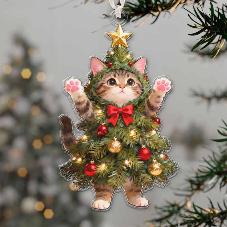 Cat Christmas Tree Ornament, Funny Kitten Ornament, Gift for Cat Lovers, Christmas Cat Decor, Pet Lover Ornament, Holiday Gift Box