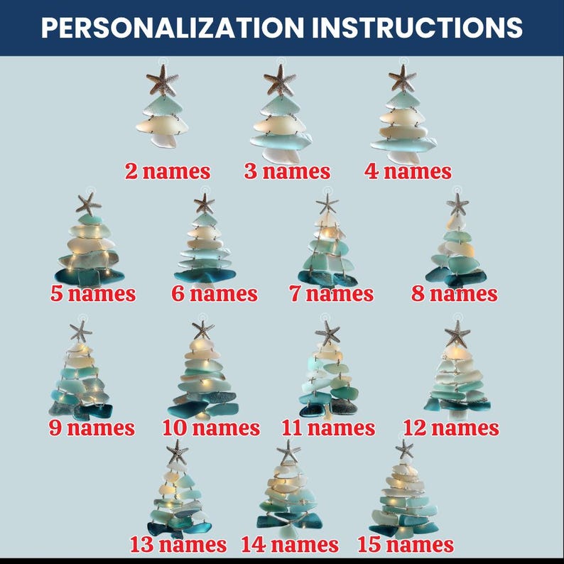 Personalized Family Sea Glass 2D FLAT Christmas Tree Ornament, Custom Name Ocean Style Family Keepsake, Holiday Gift For Beach Lovers