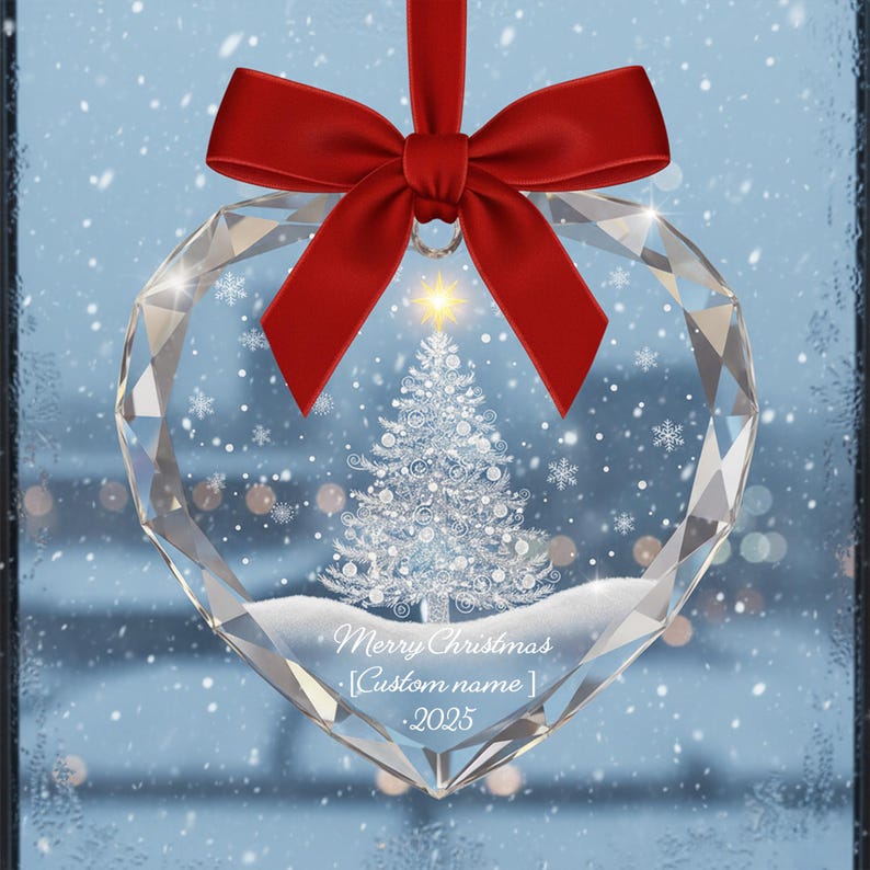 Personalized Glass Heart Ornament, Custom Name Xmas Ornament 2025, Double Sided Crystal Christmas Ornament, Holiday Gift