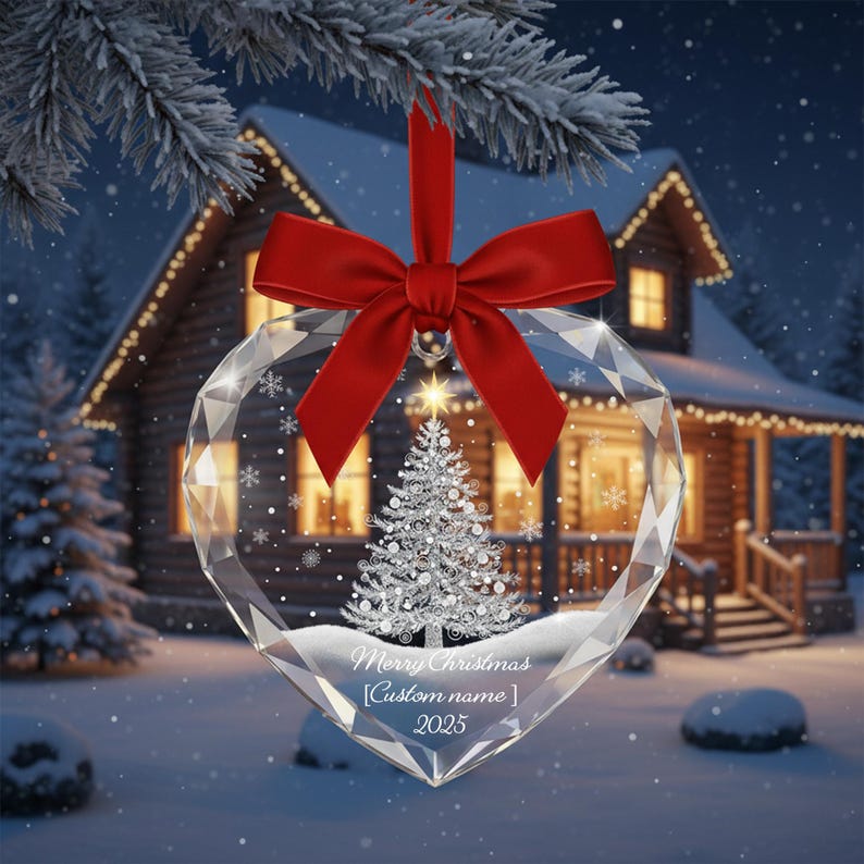 Personalized Glass Heart Ornament, Custom Name Xmas Ornament 2025, Double Sided Crystal Christmas Ornament, Holiday Gift