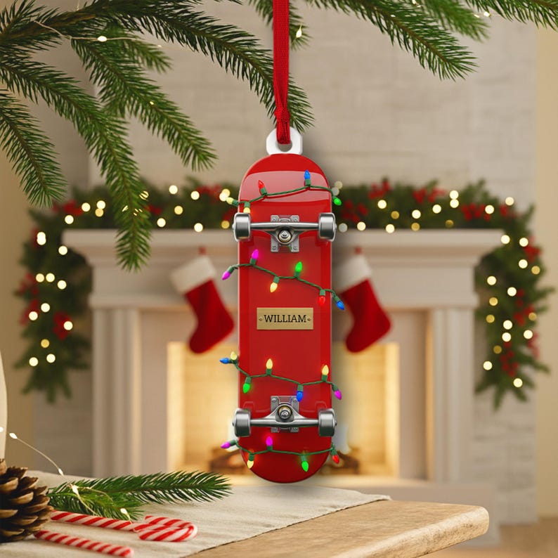 CUSTOMIZABLE Skateboard Christmas Ornament, PERSONALIZABLE Red Skater Decoration, Holiday Gift for Teens, Kids, Friends, Family, Coworkers