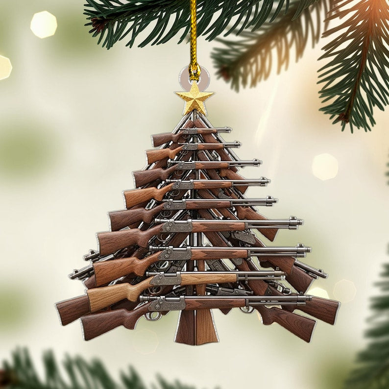 Hunting Rifle Tree Christmas Ornament, Rustic Gun-Themed Tree Hanging Decor with Star Topper, Flat 2D Acrylic Gift for Hunters