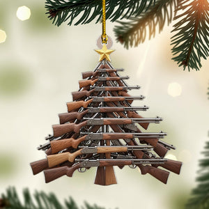 Hunting Rifle Tree Christmas Ornament, Rustic Gun-Themed Tree Hanging Decor with Star Topper, Flat 2D Acrylic Gift for Hunters
