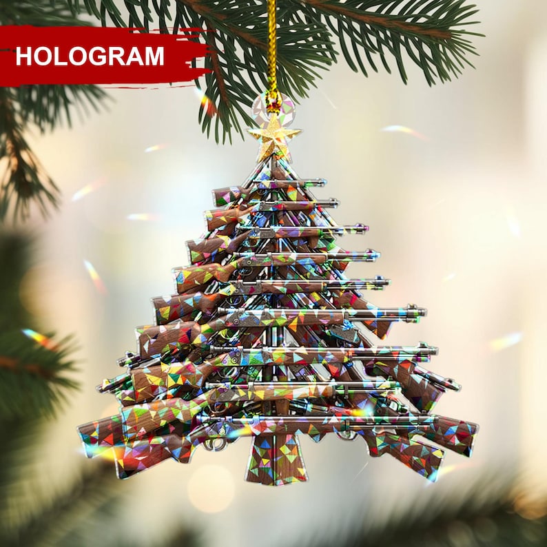 Hunting Rifle Tree Christmas Ornament, Rustic Gun-Themed Tree Hanging Decor with Star Topper, Flat 2D Acrylic Gift for Hunters