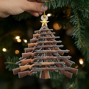 Hunting Rifle Tree Christmas Ornament, Rustic Gun-Themed Tree Hanging Decor with Star Topper, Flat 2D Acrylic Gift for Hunters