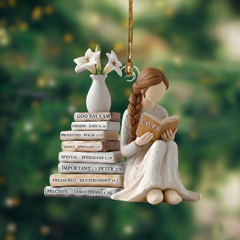 Personalized Christian Name 2D Ornament, God Says I Am Ornament, Bible Verse Christmas Keepsake, Girl Reading Book Ornament, Religious Gift