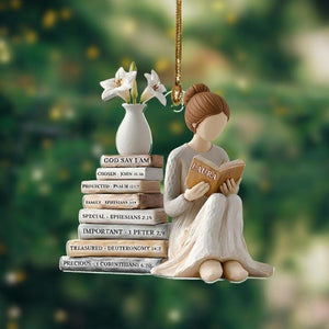 Personalized Christian Name 2D Ornament, God Says I Am Ornament, Bible Verse Christmas Keepsake, Girl Reading Book Ornament, Religious Gift