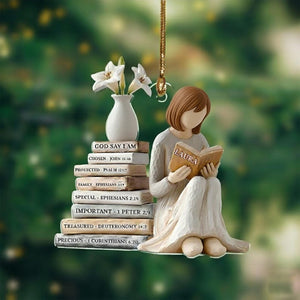 Personalized Christian Name 2D Ornament, God Says I Am Ornament, Bible Verse Christmas Keepsake, Girl Reading Book Ornament, Religious Gift