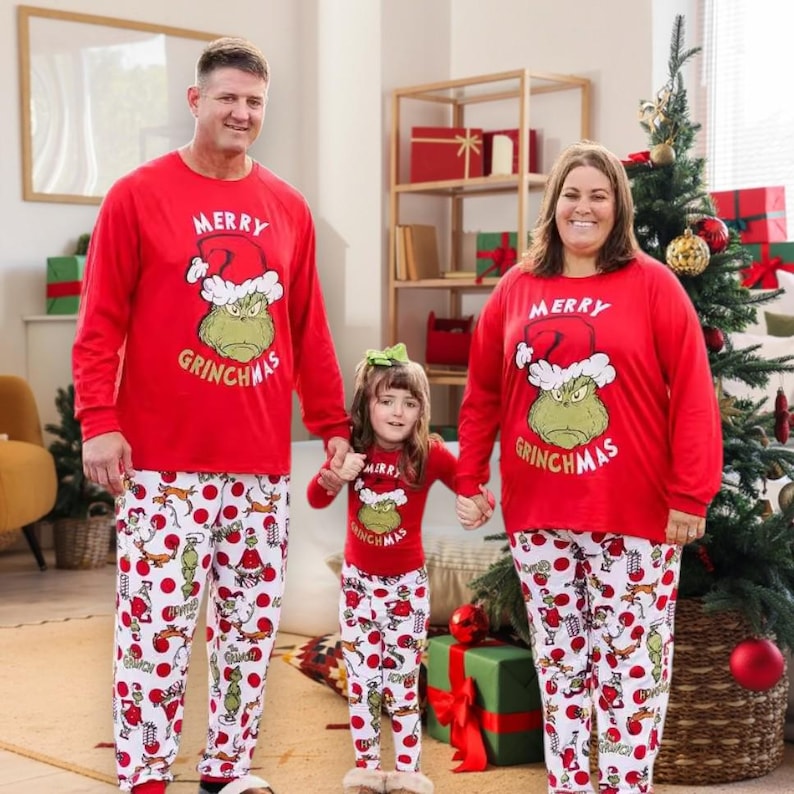 Merry Grinchmas Family Matching Christmas Pajamas Red and White Holiday Sleepwear for Adults, Kids, Baby, Pet, Funny Grinch Xmas PJs Set