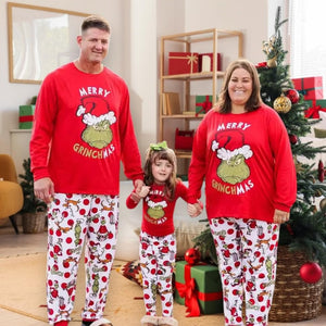 Merry Grinchmas Family Matching Christmas Pajamas Red and White Holiday Sleepwear for Adults, Kids, Baby, Pet, Funny Grinch Xmas PJs Set