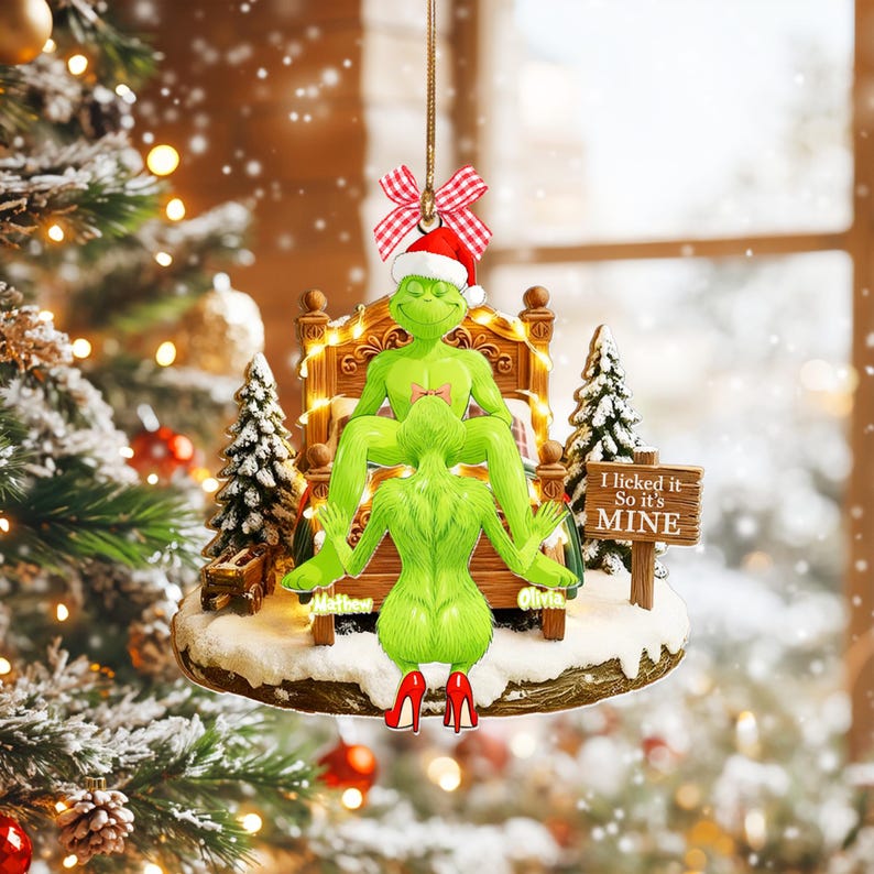 Personalized Grin Christmas Ornament, Funny Green Monster Couple, Custom Holiday Tree Decoration, Christmas Ornament, Merry Grinmas Gift