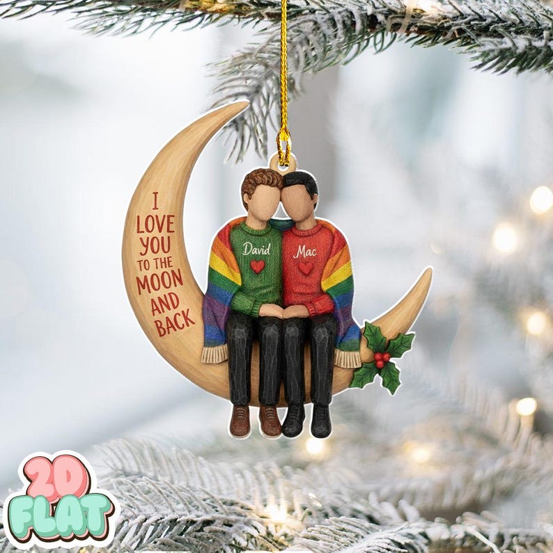 Custom LGBT Couple Christmas 2D FLAT Ornament, Personalized Gay Couple Moon Ornament, 2D Flat Custom Name Holiday Decor, Love You Gift