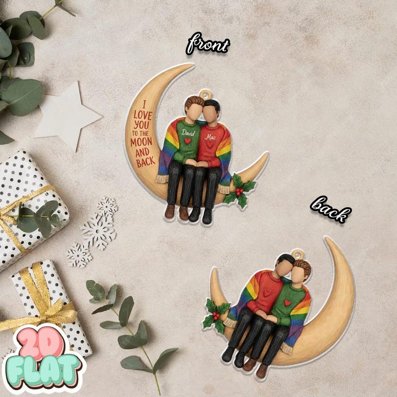 Custom LGBT Couple Christmas 2D FLAT Ornament, Personalized Gay Couple Moon Ornament, 2D Flat Custom Name Holiday Decor, Love You Gift