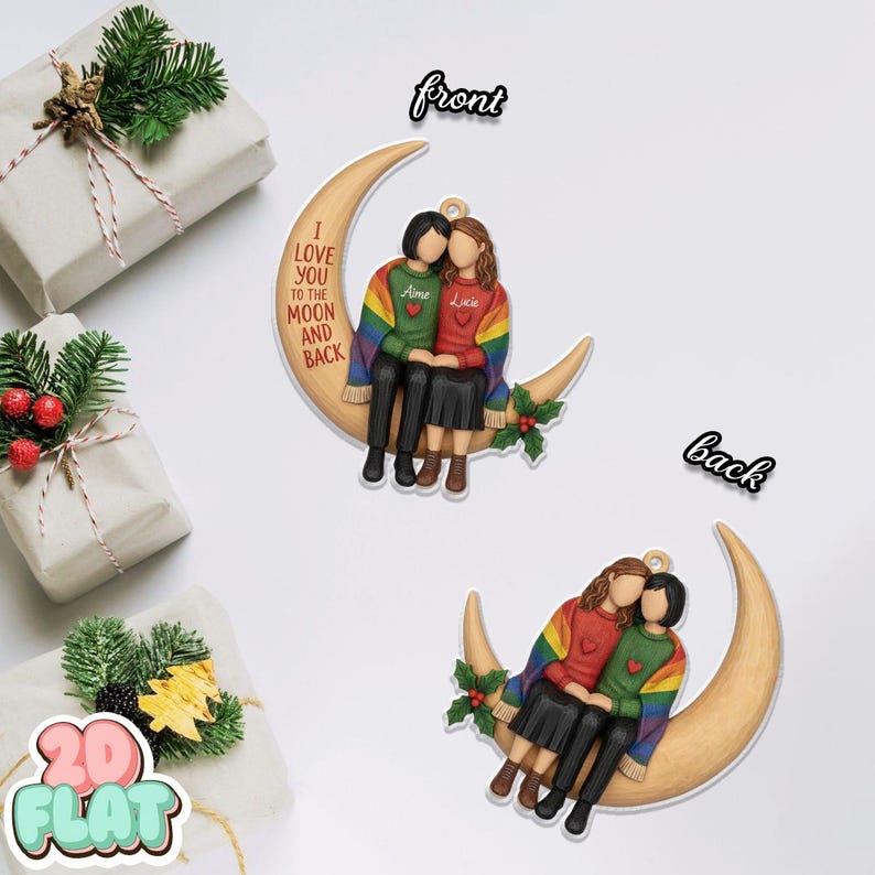 Personalized Lesbian Couple Moon Ornament, LGBT Couple Christmas Ornament, 2D Flat Custom Name Holiday Decor, Love You Gift, Couple Gift