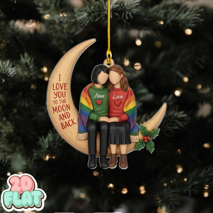 Personalized Lesbian Couple Moon Ornament, LGBT Couple Christmas Ornament, 2D Flat Custom Name Holiday Decor, Love You Gift, Couple Gift