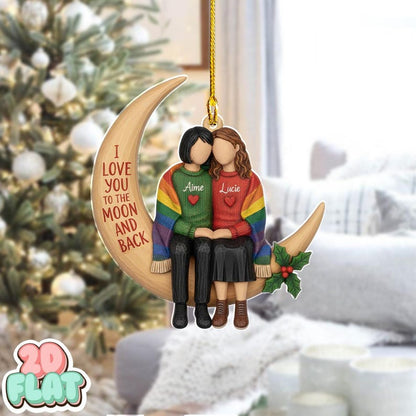 Personalized Lesbian Couple Moon Ornament, LGBT Couple Christmas Ornament, 2D Flat Custom Name Holiday Decor, Love You Gift, Couple Gift