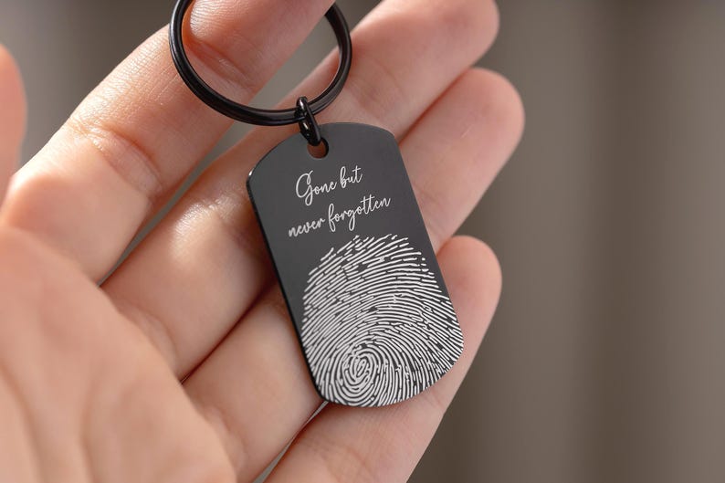 Custom Engraved Fingerprint & Handwriting Keychain - Memorial Grief Jewelry - Personalized Loss of Mother or Father Keepsake Gift