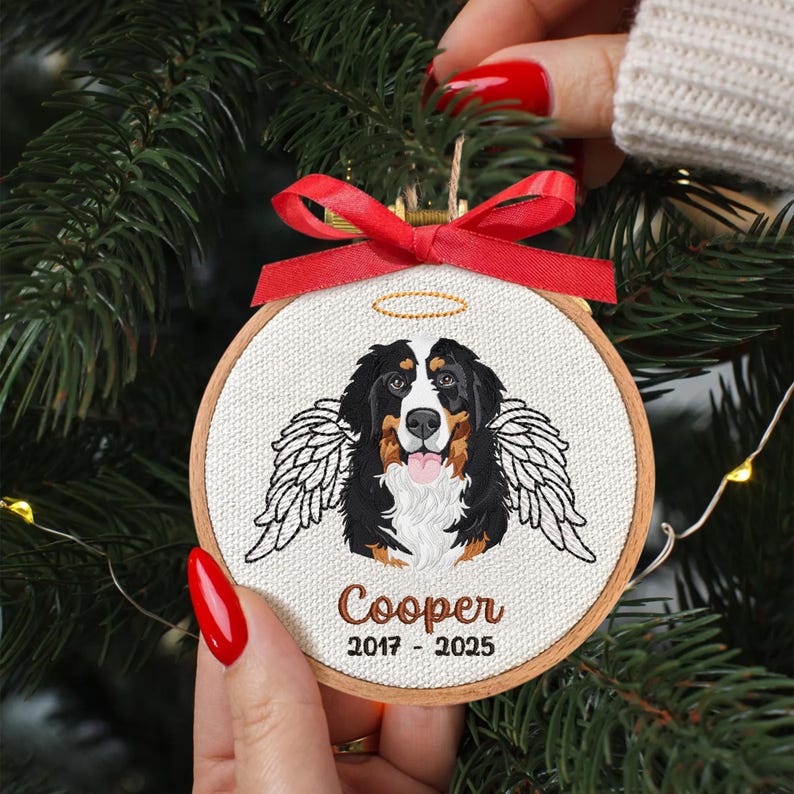 Embroidered Memorial Dog Photo Ornament, Personalized Christmas Loss of Pet Gift, Unique Dog Owner Gift