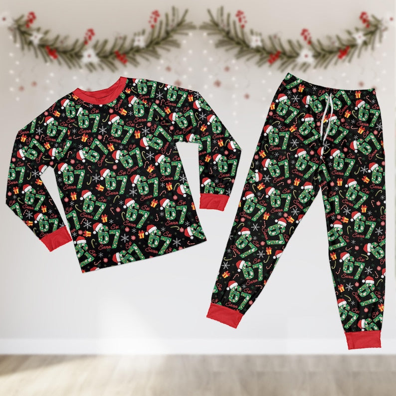 Funny Six Seven Meme Christmas Pajamas Set, Trending 67 Matching Long Sleeve Pajamas, Kid Christmas Costume, Santa Says Six Seven Gift