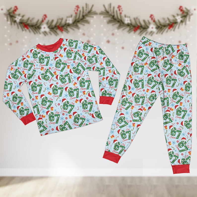 Funny Six Seven Meme Christmas Pajamas Set, Trending 67 Matching Long Sleeve Pajamas, Kid Christmas Costume, Santa Says Six Seven Gift