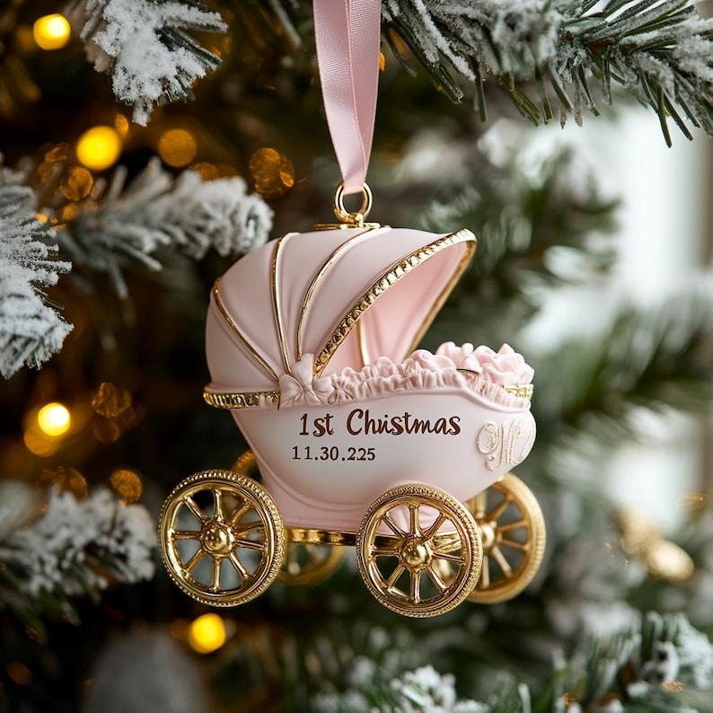 2D FLAT Baby Girl First Christmas Ornament | Pink Carriage Keepsake 2025 | Personalized Newborn Holiday Gift For Her