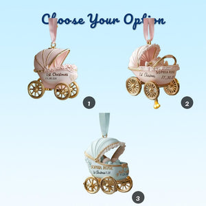 2D FLAT Baby Girl First Christmas Ornament | Pink Carriage Keepsake 2025 | Personalized Newborn Holiday Gift For Her