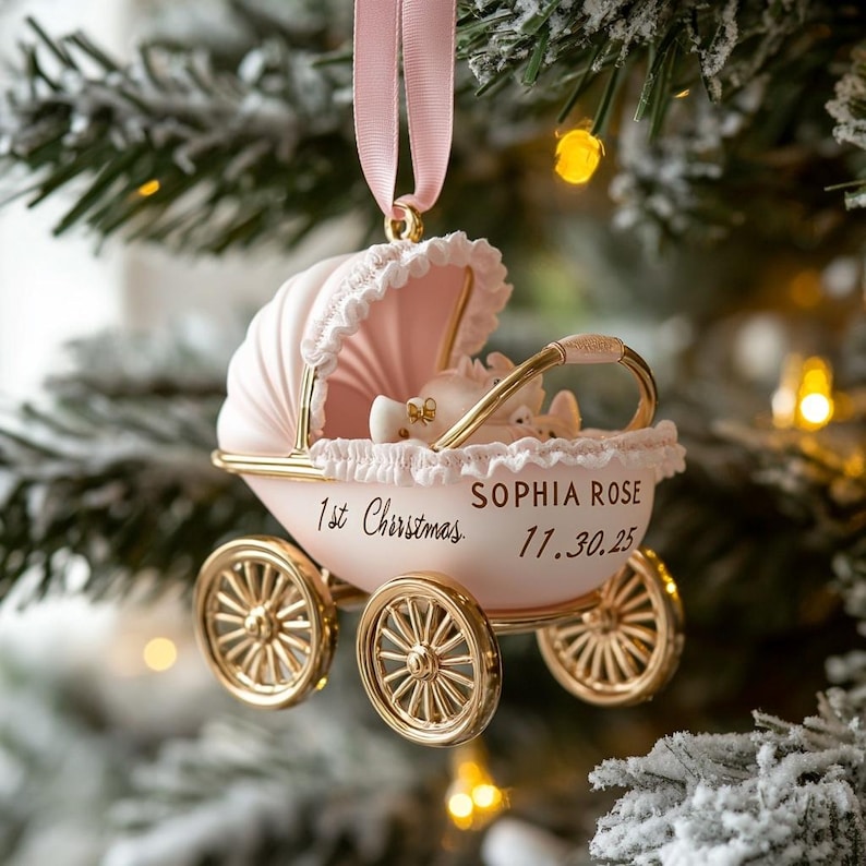 2D FLAT Baby Girl First Christmas Ornament | Pink Carriage Keepsake 2025 | Personalized Newborn Holiday Gift For Her