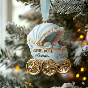 2D FLAT Baby Girl First Christmas Ornament | Pink Carriage Keepsake 2025 | Personalized Newborn Holiday Gift For Her