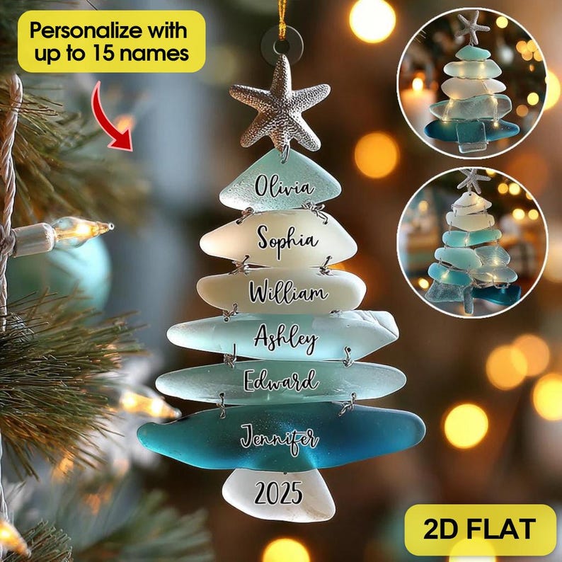 Personalized Family Sea Glass 2D FLAT Christmas Tree Ornament, Custom Name Ocean Style Family Keepsake, Holiday Gift For Beach Lovers