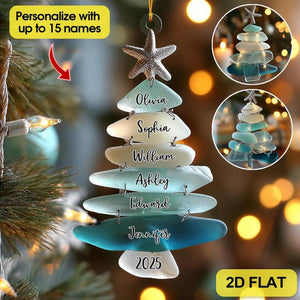 Personalized Family Sea Glass 2D FLAT Christmas Tree Ornament, Custom Name Ocean Style Family Keepsake, Holiday Gift For Beach Lovers