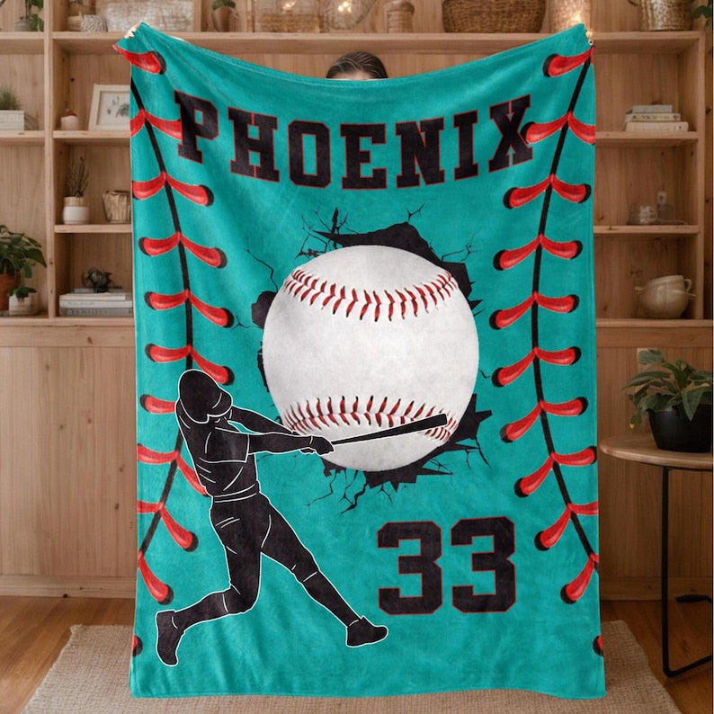 Custom Baseball Name Blanket-Personalized Sports Throw with Number-Team Gift for Player-Baseball Stripe Blanket Gift for Kid-Baseball Family