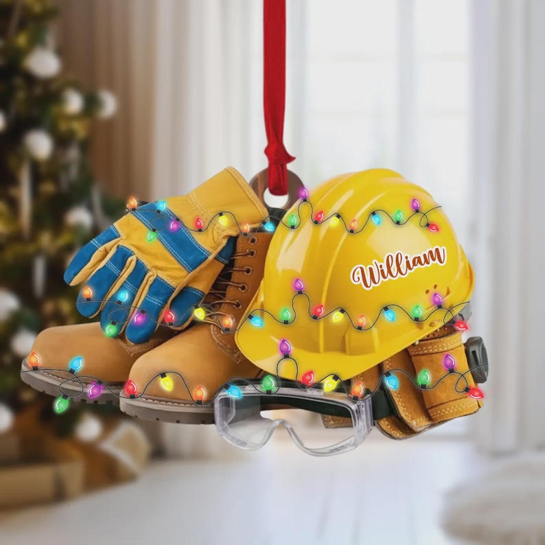 Custom Hard Hat Christmas Ornament, Construction Worker Holiday Gift With Name, Boots And Tools Tree Decor
