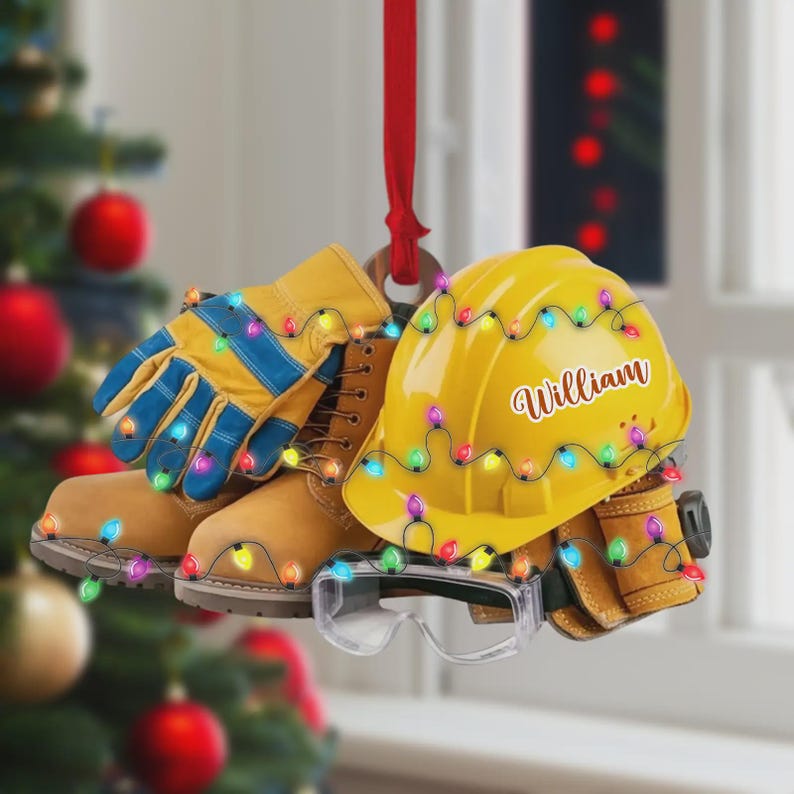 Custom Hard Hat Christmas Ornament, Construction Worker Holiday Gift With Name, Boots And Tools Tree Decor
