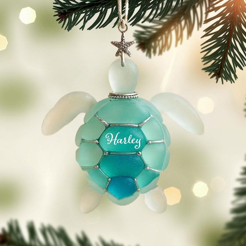 Sea Turtle Christmas Ornament, Opalescent Faux Stained Glass Tree Hanging Decor, Personalized Ocean Gift for Beach Lovers