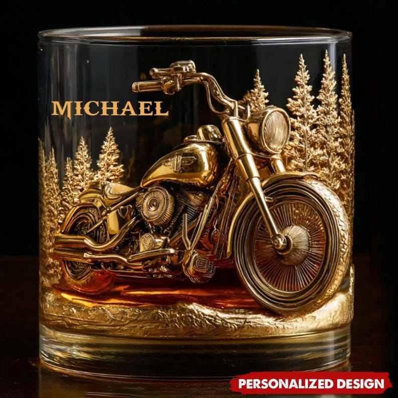 Personalized Biker Whiskey Glass, Gold Never Underestimate An Old Man With His Motorcycle Glass Cup, Custom Name Christmas Gift for Men