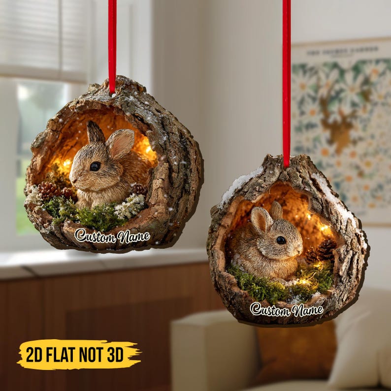Woodland Bunny LED Ornament, Rustic Acorn Terrarium Christmas Decoration, Cute Forest Rabbit Animal Lover Gift