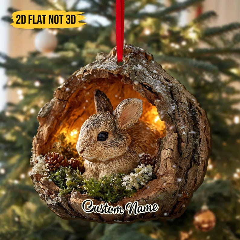 Woodland Bunny LED Ornament, Rustic Acorn Terrarium Christmas Decoration, Cute Forest Rabbit Animal Lover Gift