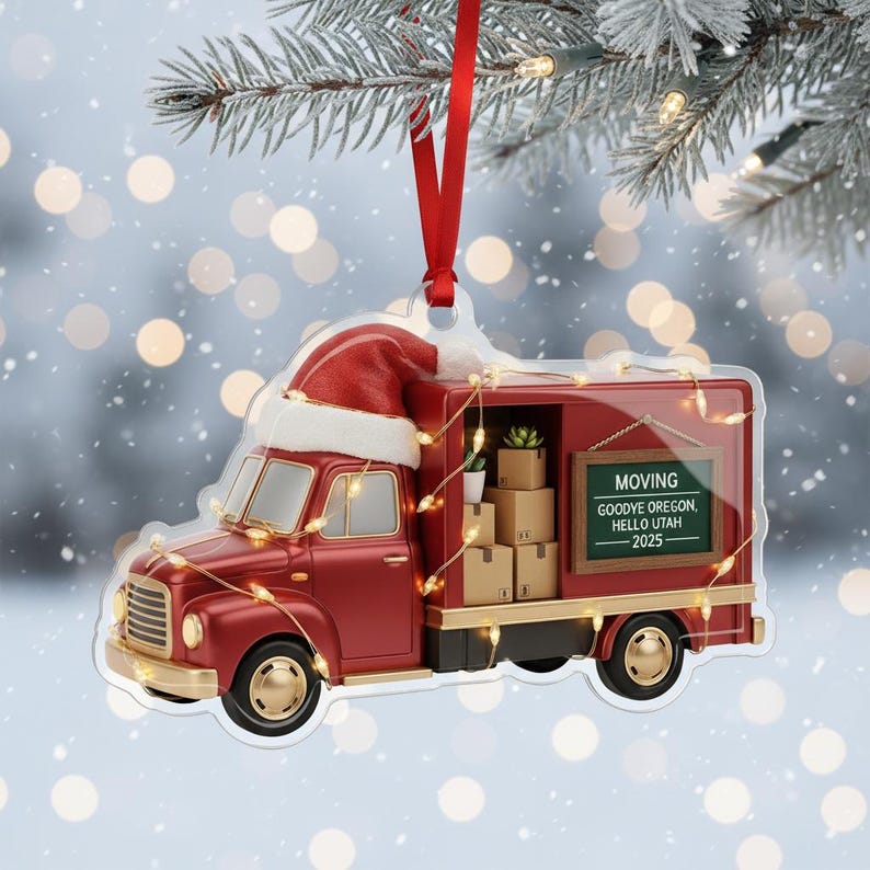 Personalized Moving Truck Ornament: Custom Names and Year Design
