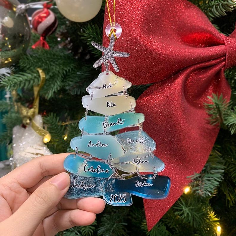 Personalized Family Sea Glass Effect 2D FLAT Acrylic Ornament, Custom Name Ocean Style Family Keepsake, Holiday Gift For Beach Lovers