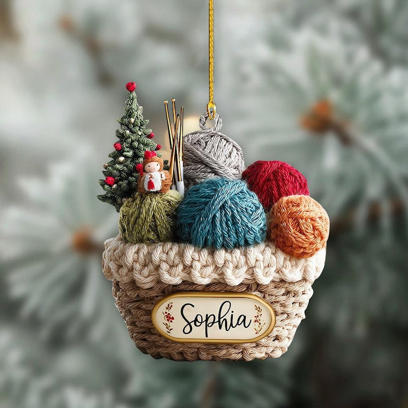 Personalized Knitting Basket Christmas Ornament, 2D Flat Acrylic Yarn Decor for Knitters, Crochet Lover Holiday Gift 2025, Knitting Gift