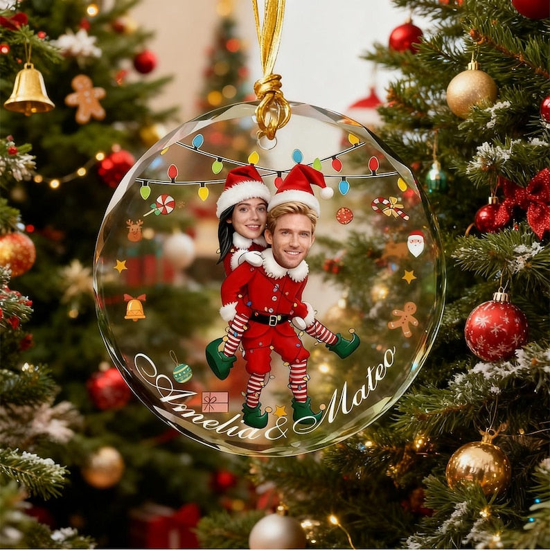 Personalized Christmas Ornament with Couple Photo, Custom Glass Heart or Round Ornament, Cute Elf Design, Holiday Gift for Couples