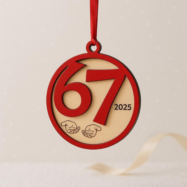 Funny 67 Ornament 2025 Trending Teen Joke 6 7 Meme Decor Humor Gift for Kids & Teens Laser Cut Wood Ornament