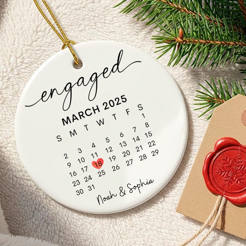 Custom Engagement Christmas Ornament, Personalized Wedding Engaged Calendar Ornament With Photo, Christmas Ornament For Newly Couple