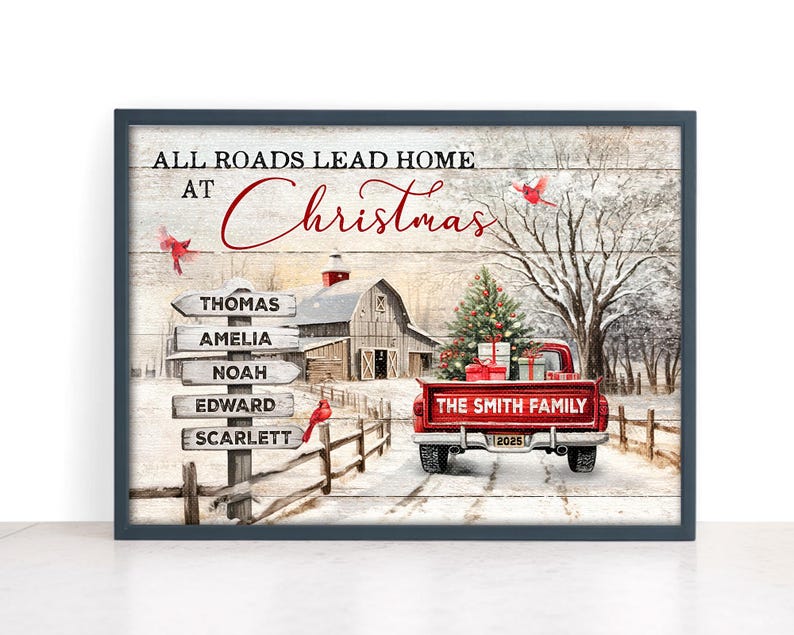 Personalized Family Christmas Canvas Wall Art, At Christmas All Roads Lead Home Wall Art, Christmas Sign Vintage Metal Tin