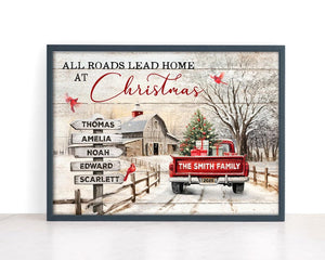 Personalized Family Christmas Canvas Wall Art, At Christmas All Roads Lead Home Wall Art, Christmas Sign Vintage Metal Tin