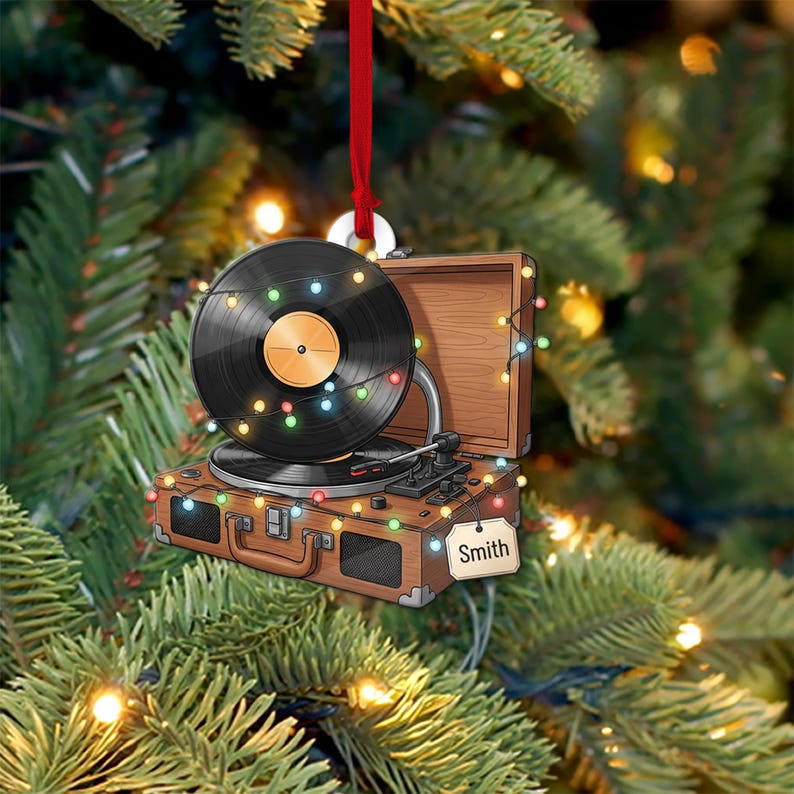 CUSTOMIZABLE Record Player Ornament, PERSONALIZABLE Vinyl Turntable Xmas Decor, Music Lover Gift for Him, Her, Friends, Family, Coworkers