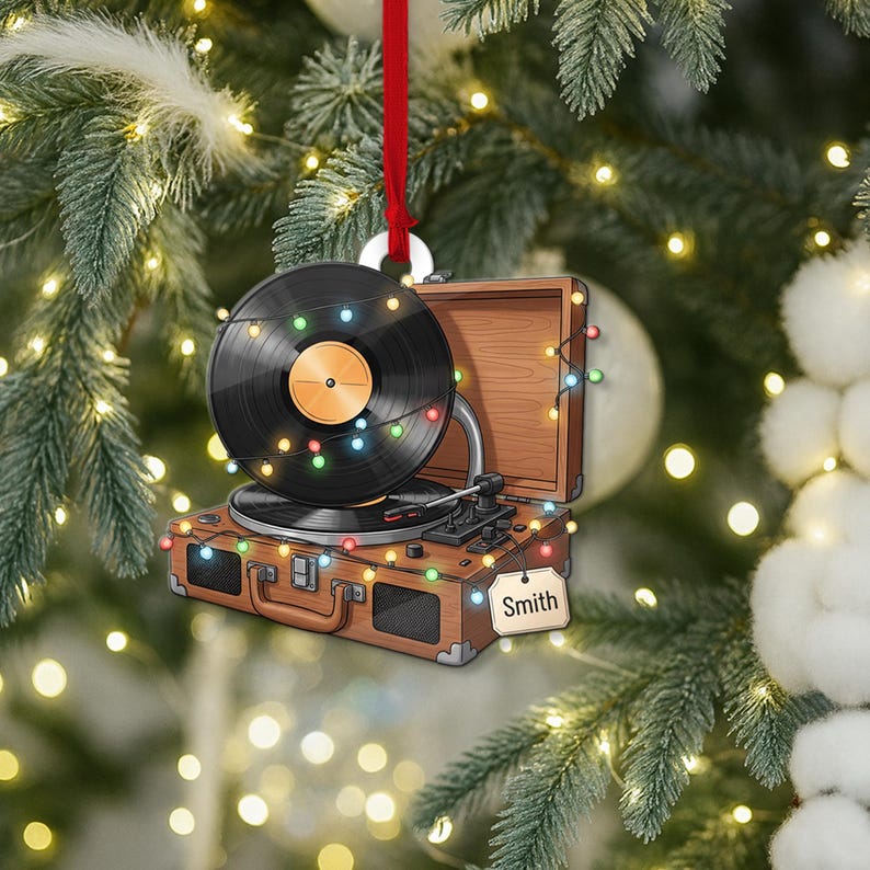 CUSTOMIZABLE Record Player Ornament, PERSONALIZABLE Vinyl Turntable Xmas Decor, Music Lover Gift for Him, Her, Friends, Family, Coworkers