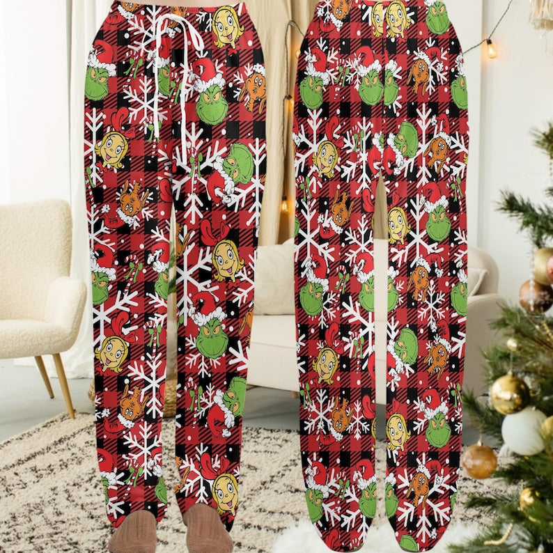Grinch Christmas Pajama Pants, Holiday Cozy Plaid Grinch Pj Pants, Family Matching Christmas Pajamas, Xmas Season Sleepwear, Christmas Gift