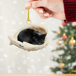 Personalized Black Cat Sleeping Angel Wings Ornament, Black Cat Christmas Ornament Gift, Car Ornament, Gift For Pet Lovers